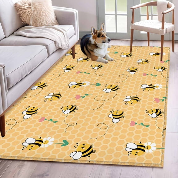 Rectangle Area Rugs 2.7 x 5 Ft, Yellow Beige Bee Non-Slip Residential Carpet, Spring Floral Elegant Pastoral Flowers Indoor Crawling Mats Runner Rugs for Living Room/Dining Room/Bedroom