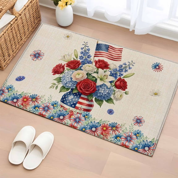 Rectangle Area Rugs 2 x 3 Ft, 4th of July Floral Non-Slip Residential Carpet, Vintage Red Blue Roses Patriotic Indoor Crawling Mats Runner Rugs for Living Room/Dining Room/Bedroom