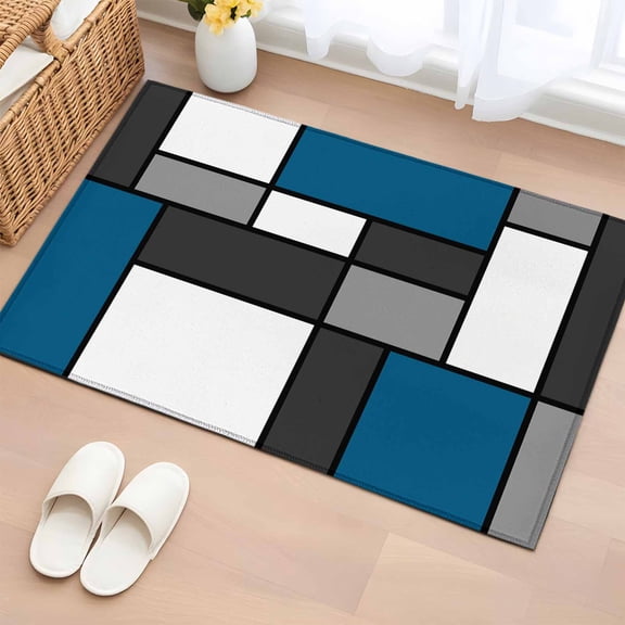 Rectangle Area Rugs 2 x 3 Ft, Abstract Blue Grey Non-Slip Residential Carpet, Modern Geometric Color Blocks Indoor Crawling Mats Runner Rugs for Living Room/Dining Room/Bedroom