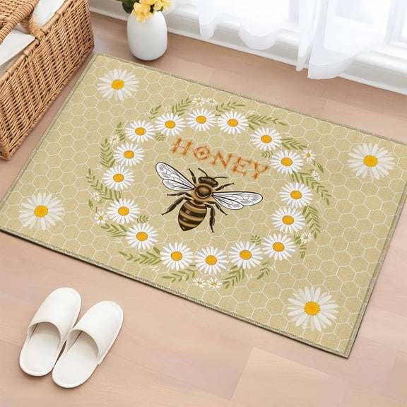 Rectangle Area Rugs 2 x 3 Ft, Bees Non-Slip Residential Carpet, Daisy Flowers Spring Summer Honey Floral Leaf Plant Indoor Crawling Mats Runner Rugs for Living Room/Dining Room/Bedroom