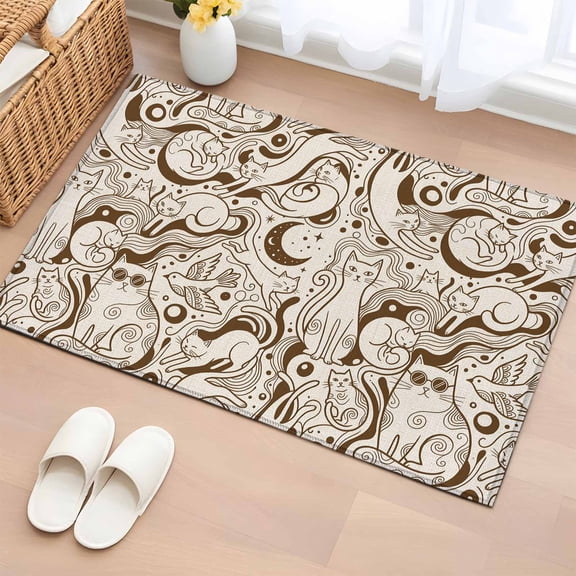 Rectangle Area Rugs 2 x 3 Ft, Beige Cartoon Cats Non-Slip Residential Carpet, Modern Abstract Art Striped Cats Indoor Crawling Mats Runner Rugs for Living Room/Dining Room/Bedroom