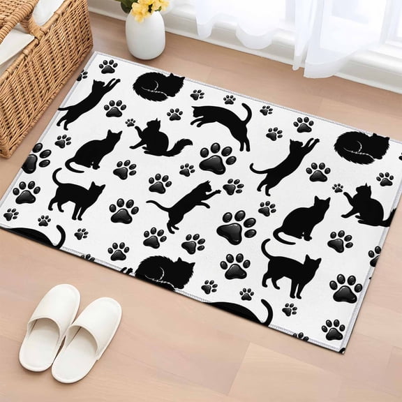 Rectangle Area Rugs 2 x 3 Ft, Black Cat Non-Slip Residential Carpet, Cat Paw Cute Silhouette Indoor Crawling Mats Runner Rugs for Living Room/Dining Room/Bedroom