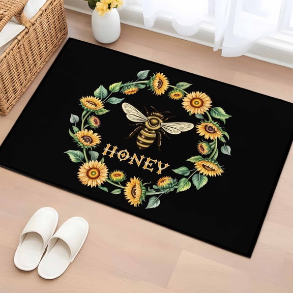 Rectangle Area Rugs 2 x 3 Ft, Black Sunflowers Bees Non-Slip Residential Carpet, Farmhouse Honey Floral Rings Indoor Crawling Mats Runner Rugs for Living Room/Dining Room/Bedroom