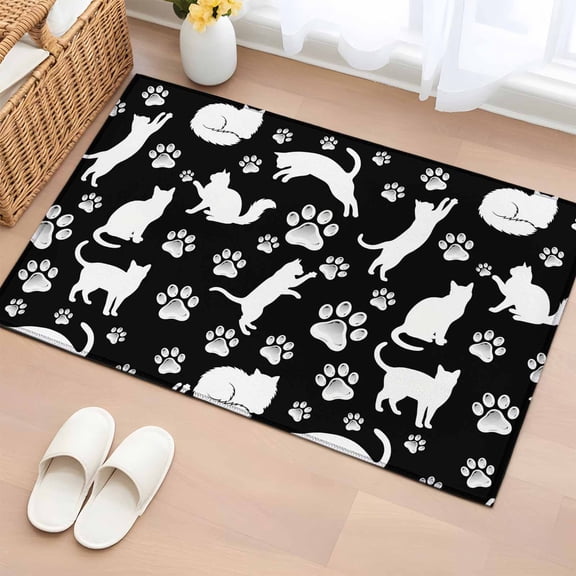 Rectangle Area Rugs 2 x 3 Ft, Black White Cat Non-Slip Residential Carpet, Cat Paw Cute Silhouette Indoor Crawling Mats Runner Rugs for Living Room/Dining Room/Bedroom