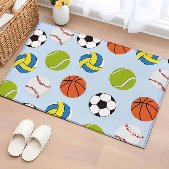 Rectangle Area Rugs 2 x 3 Ft, Blue Balls Non-Slip Residential Carpet, Baseball Tennis Basketball Football Indoor Crawling Mats Runner Rugs for Living Room/Dining Room/Bedroom
