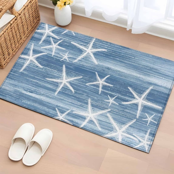 Rectangle Area Rugs 2 x 3 Ft, Blue Coastal Non-Slip Residential Carpet, Summer Ocean Waves Ombre Sea Starfish Indoor Crawling Mats Runner Rugs for Living Room/Dining Room/Bedroom