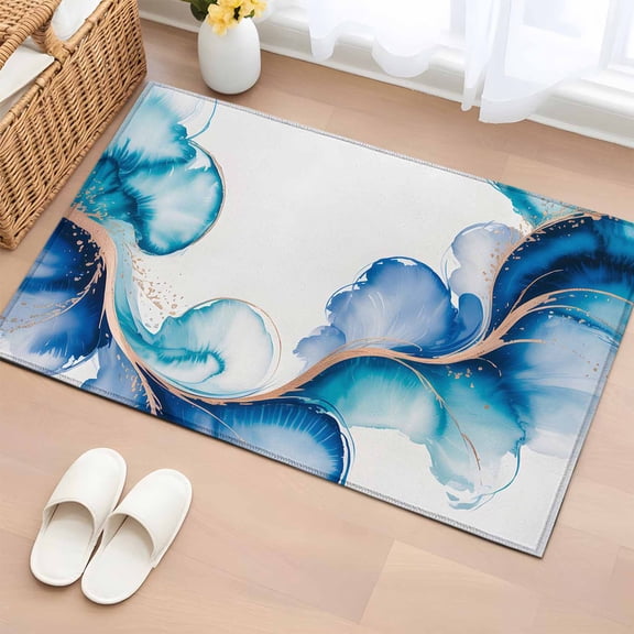 Rectangle Area Rugs 2 x 3 Ft, Blue Marble Stone Non-Slip Residential Carpet, Ink Splash Country Marble Abstract Indoor Crawling Mats Runner Rugs for Living Room/Dining Room/Bedroom