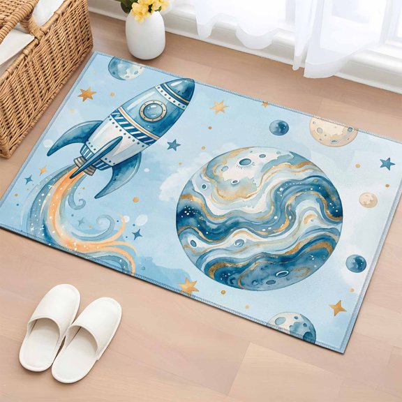Rectangle Area Rugs 2 x 3 Ft, Blue Ombre Space Rocket Non-Slip Residential Carpet, Modena Abstract Universe Planet Indoor Crawling Mats Runner Rugs for Living Room/Dining Room/Bedroom