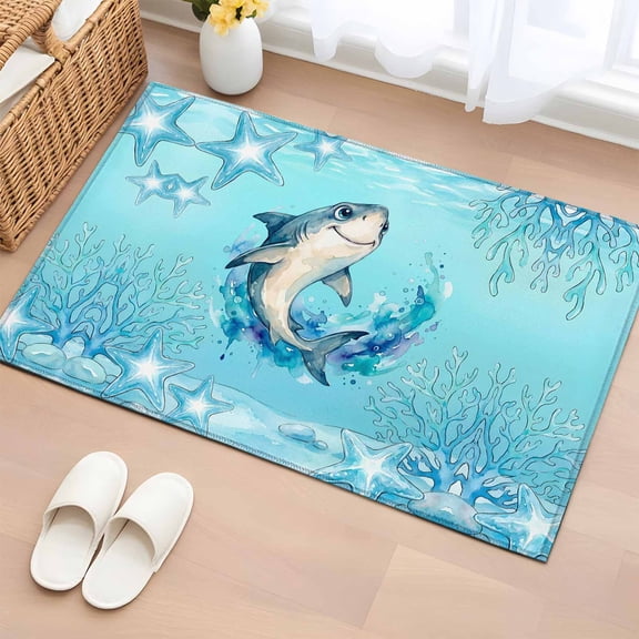 Rectangle Area Rugs 2 x 3 Ft, Blue Shark Coastal Non-Slip Residential Carpet, Summer Beach Coral Ocean Nautical Indoor Crawling Mats Runner Rugs for Living Room/Dining Room/Bedroom