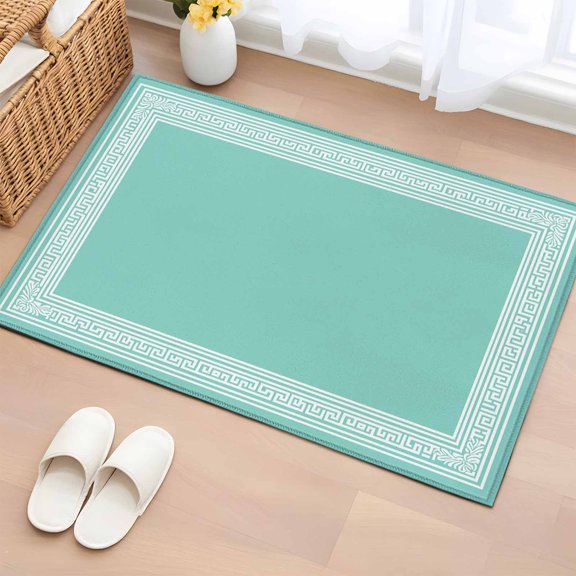 Rectangle Area Rugs 2 x 3 Ft, Bluish Green Greek Key Non-Slip Residential Carpet, Geometric Greece Ancient Farmhouse Geo Indoor Crawling Mats Runner Rugs for Living Room/Dining Room/Bedroom