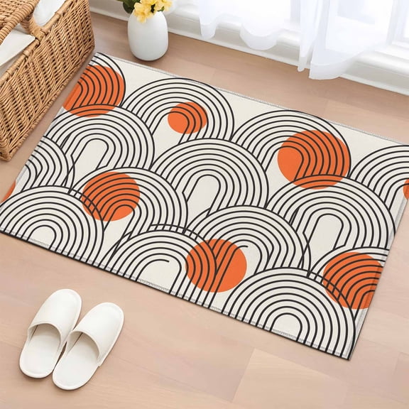 Rectangle Area Rugs 2 x 3 Ft, Boho Geometric Non-Slip Residential Carpet, Modern Abstract Orange Sun Lines Beige Indoor Crawling Mats Runner Rugs for Living Room/Dining Room/Bedroom
