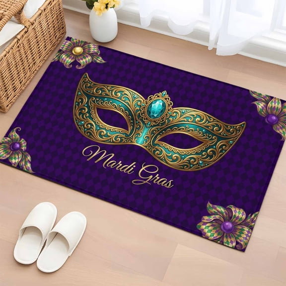 Rectangle Area Rugs 2 x 3 Ft, Carnival Non-Slip Residential Carpet, Modern Chic Mask Flower Purple Plaid Checkered Indoor Crawling Mats Runner Rugs for Living Room/Dining Room/Bedroom