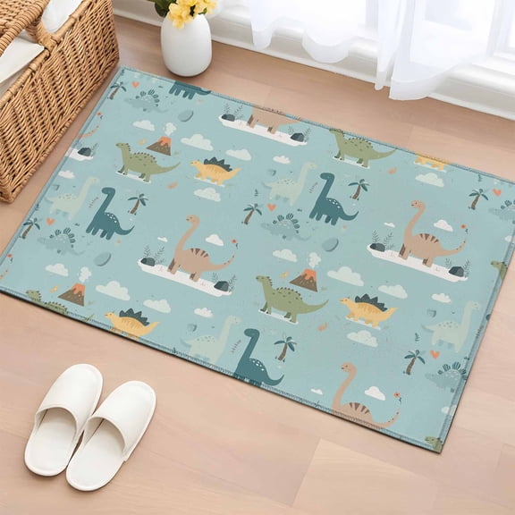 Rectangle Area Rugs 2 x 3 Ft, Cartoon Animals Non-Slip Residential Carpet, Funny Dinosaur Tropical Plants Blue Green Indoor Crawling Mats Runner Rugs for Living Room/Dining Room/Bedroom