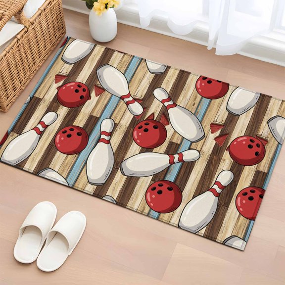 Rectangle Area Rugs 2 x 3 Ft, Cartoon Bowling Non-Slip Residential Carpet, Modern Funny Balls Sports Wood Grain Indoor Crawling Mats Runner Rugs for Living Room/Dining Room/Bedroom