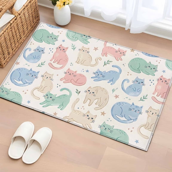 Rectangle Area Rugs 2 x 3 Ft, Cartoon Cats Non-Slip Residential Carpet, Modern Cute Colorful Cats Animals Indoor Crawling Mats Runner Rugs for Living Room/Dining Room/Bedroom