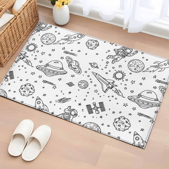 Rectangle Area Rugs 2 x 3 Ft, Cartoon Space Non-Slip Residential Carpet, Spacecraft Rocket Meteorite Star Cute Indoor Crawling Mats Runner Rugs for Living Room/Dining Room/Bedroom