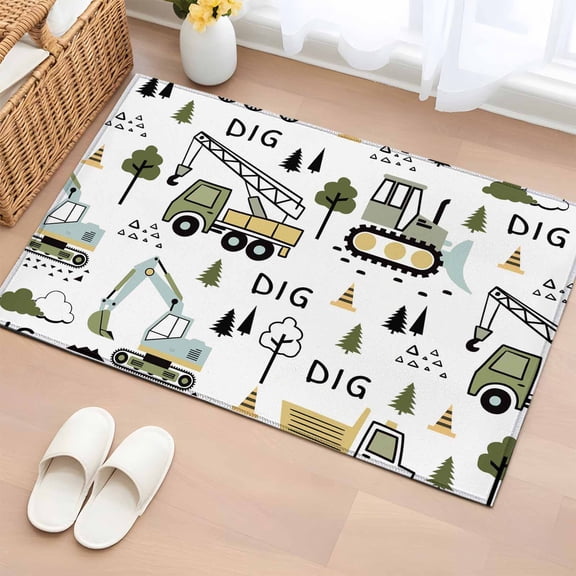 Rectangle Area Rugs 2 x 3 Ft, Cartoon Tractor Non-Slip Residential Carpet, Cute Digger Shovel Truck Country Car Indoor Crawling Mats Runner Rugs for Living Room/Dining Room/Bedroom