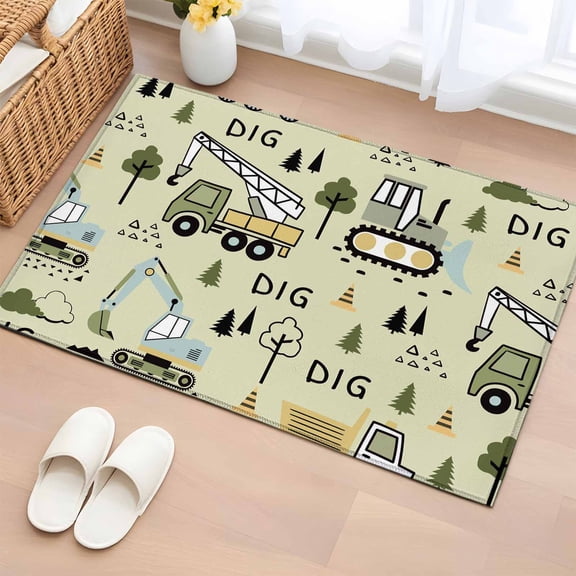 Rectangle Area Rugs 2 x 3 Ft, Cartoon Tractor Non-Slip Residential Carpet, Cute Green Digger Shovel Truck Rustic Indoor Crawling Mats Runner Rugs for Living Room/Dining Room/Bedroom