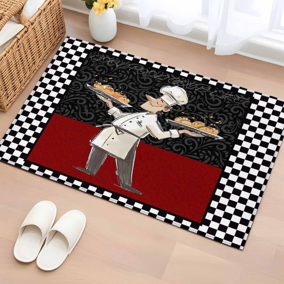Rectangle Area Rugs 2 x 3 Ft, Chef Non-Slip Residential Carpet, Cartoon Cute Watercolor Cooking Red Black Indoor Crawling Mats Runner Rugs for Living Room/Dining Room/Bedroom