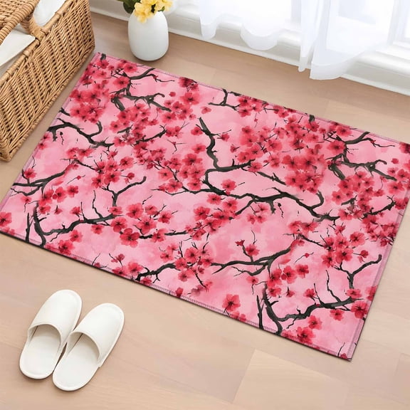 Rectangle Area Rugs 2 x 3 Ft, Chinese Flowers Non-Slip Residential Carpet, Spring Pink Peach Blossoms Floral Indoor Crawling Mats Runner Rugs for Living Room/Dining Room/Bedroom