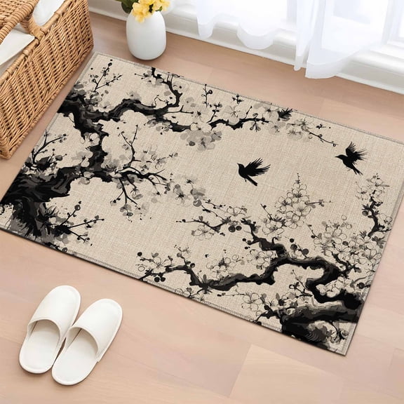 Rectangle Area Rugs 2 x 3 Ft, Chinese Non-Slip Residential Carpet, Black White Tree Flowers Traditional Ink Painting Indoor Crawling Mats Runner Rugs for Living Room/Dining Room/Bedroom