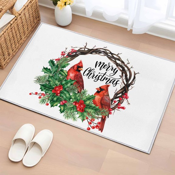 Rectangle Area Rugs 2 x 3 Ft, Christmas Cardinal Birds Non-Slip Residential Carpet, Xmas Holly Leaves Branch Red berries Indoor Crawling Mats Runner Rugs for Living Room/Dining Room/Bedroom