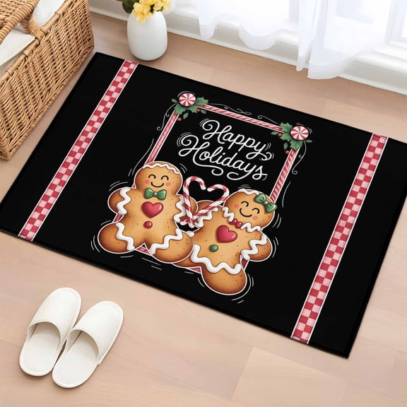 Rectangle Area Rugs 2 x 3 Ft, Christmas Gingerbread Non-Slip Residential Carpet, Xmas Berry Black Checkered Indoor Crawling Mats Runner Rugs for Living Room/Dining Room/Bedroom