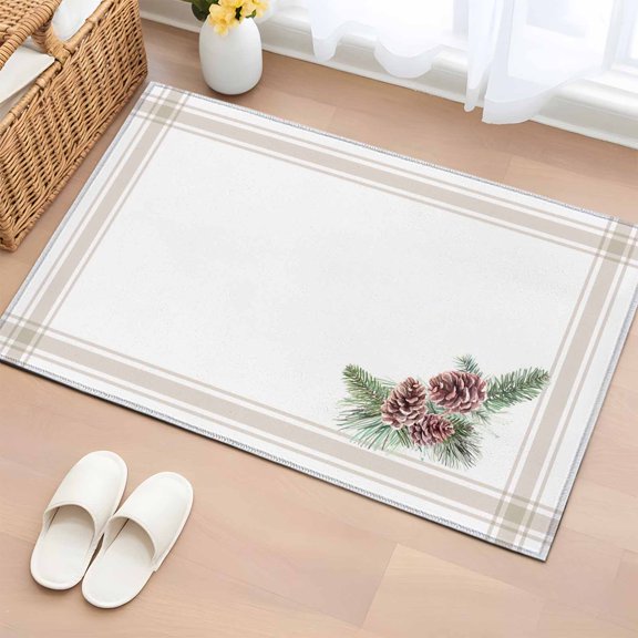 Rectangle Area Rugs 2 x 3 Ft, Christmas Non-Slip Residential Carpet, Simple Winter Xmas Pine Cone Branches Striped Indoor Crawling Mats Runner Rugs for Living Room/Dining Room/Bedroom