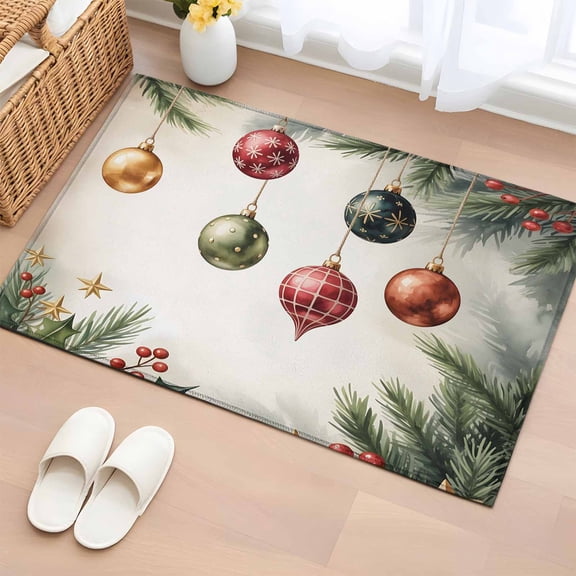 Rectangle Area Rugs 2 x 3 Ft, Christmas Non-Slip Residential Carpet, Winter Colorful Xmas Balls Star Pine Needles Indoor Crawling Mats Runner Rugs for Living Room/Dining Room/Bedroom