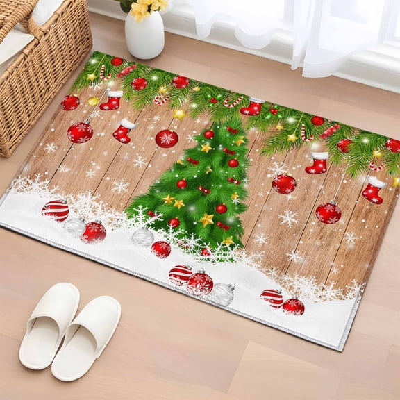 Rectangle Area Rugs 2 x 3 Ft, Christmas Tree Non-Slip Residential Carpet, Xmas Red Balls Pine Branches Snowflakes New Year Indoor Crawling Mats Runner Rugs for Living Room/Dining Room/Bedroom