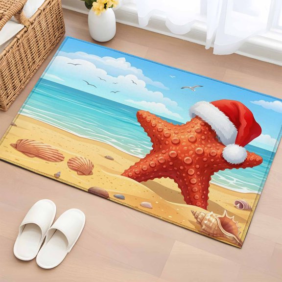 Rectangle Area Rugs 2 x 3 Ft, Coastal Christmas Non-Slip Residential Carpet, Winter Beach Ocean Waves Starfish Indoor Crawling Mats Runner Rugs for Living Room/Dining Room/Bedroom