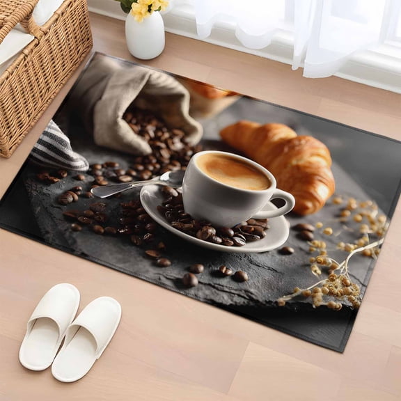 Rectangle Area Rugs 2 x 3 Ft, Coffee Beans Non-Slip Residential Carpet, Hot Latte Cup Bread Rustic Cafe Time Indoor Crawling Mats Runner Rugs for Living Room/Dining Room/Bedroom