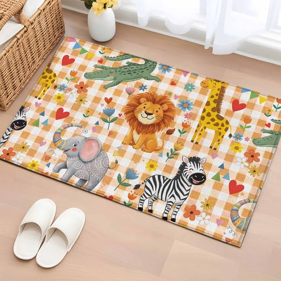 Rectangle Area Rugs 2 x 3 Ft, Colorful Animals Flowers Non-Slip Residential Carpet, Spring Floral Elephant Checkered Indoor Crawling Mats Runner Rugs for Living Room/Dining Room/Bedroom