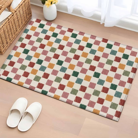 Rectangle Area Rugs 2 x 3 Ft, Colorful Checkered Non-Slip Residential Carpet, Vintage Plaid Grid Geometric Beige Indoor Crawling Mats Runner Rugs for Living Room/Dining Room/Bedroom