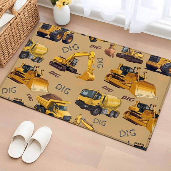 Rectangle Area Rugs 2 x 3 Ft, Construction Truck Non-Slip Residential Carpet, Cartoon Grips and Bulldozers Turmeric Indoor Crawling Mats Runner Rugs for Living Room/Dining Room/Bedroom