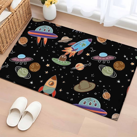 Rectangle Area Rugs 2 x 3 Ft, Cute Black Space Non-Slip Residential Carpet, Star Cartoon Spaceship Planet Indoor Crawling Mats Runner Rugs for Living Room/Dining Room/Bedroom