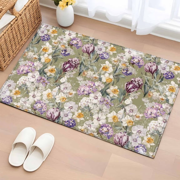 Rectangle Area Rugs 2 x 3 Ft, Dark Sage Green Botanical Non-Slip Residential Carpet, Spring Floral Summer Botanical Retro Indoor Crawling Mats Runner Rugs for Living Room/Dining Room/Bedroom