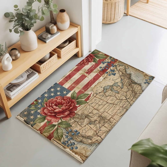 Rectangle Area Rugs 2 x 3 Ft, Distressed American Flag Non-Slip Residential Carpet, Vintage Rustic Merican Map Abstract Indoor Crawling Mats Runner Rugs for Living Room/Dining Room/Bedroom