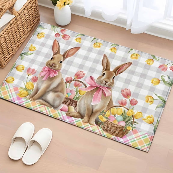 Rectangle Area Rugs 2 x 3 Ft, Easter Bunny Eggs Non-Slip Residential Carpet, Spring Tulips Rustic Rabbits Grey Plaid Indoor Crawling Mats Runner Rugs for Living Room/Dining Room/Bedroom