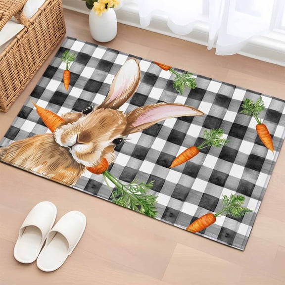 Rectangle Area Rugs 2 x 3 Ft, Easter Bunny Non-Slip Residential Carpet, Spring Rabbits Carrots Black Buffalo Plaid Indoor Crawling Mats Runner Rugs for Living Room/Dining Room/Bedroom