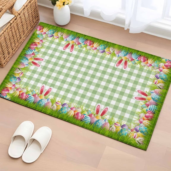 Rectangle Area Rugs 2 x 3 Ft, Easter Non-Slip Residential Carpet, Rabbit Ears Colorful Eggs Green White Buffalo Plaid Indoor Crawling Mats Runner Rugs for Living Room/Dining Room/Bedroom