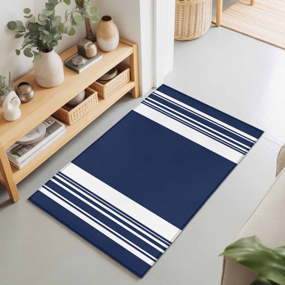 Rectangle Area Rugs 2 x 3 Ft, Farmhouse Navy Blue Non-Slip Residential Carpet, Aesthetic Modern Line Striped Indoor Crawling Mats Runner Rugs for Living Room/Dining Room/Bedroom