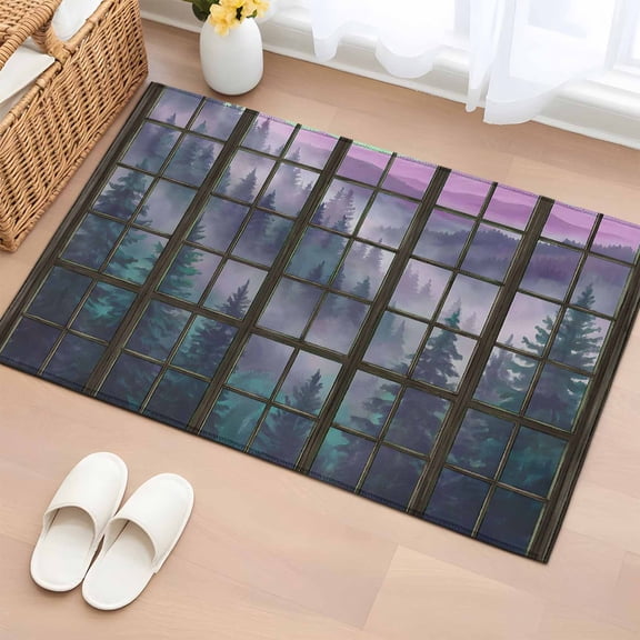 Rectangle Area Rugs 2 x 3 Ft, Forest Misty Purple Non-Slip Residential Carpet, Vintage Window Plaid Indoor Crawling Mats Runner Rugs for Living Room/Dining Room/Bedroom