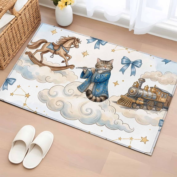 Rectangle Area Rugs 2 x 3 Ft, Funny Cartoon Non-Slip Residential Carpet, Blue Cute Cat Train Cloud Star Bow Knot Indoor Crawling Mats Runner Rugs for Living Room/Dining Room/Bedroom