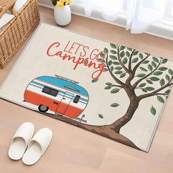 Rectangle Area Rugs 2 x 3 Ft, Let's Go Camping Non-Slip Residential Carpet, Modern Camper Van Trees Burlap Rustic Indoor Crawling Mats Runner Rugs for Living Room/Dining Room/Bedroom