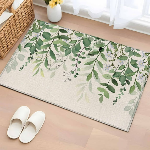 Rectangle Area Rugs 2 x 3 Ft, Green Leaves Non-Slip Residential Carpet, Summer Botanical Indoor Crawling Mats Runner Rugs for Living Room/Dining Room/Bedroom