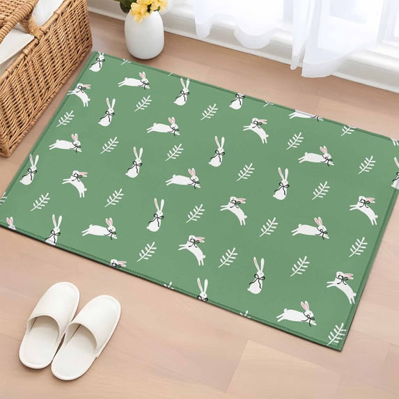 Rectangle Area Rugs 2 x 3 Ft, Green Spring Easter Non-Slip Residential Carpet, Cute Bunny Botanical Indoor Crawling Mats Runner Rugs for Living Room/Dining Room/Bedroom