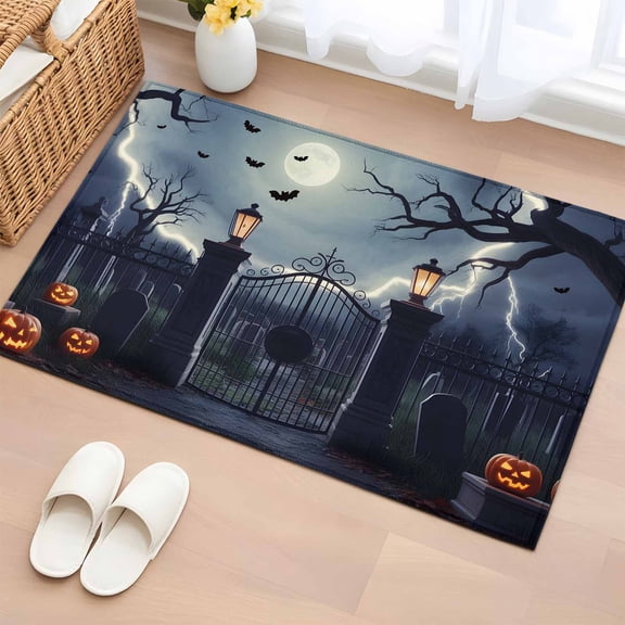 Rectangle Area Rugs 2 x 3 Ft, Halloween Non-Slip Residential Carpet, Horror Graveyard Manor Moonlight Lightning Indoor Crawling Mats Runner Rugs for Living Room/Dining Room/Bedroom