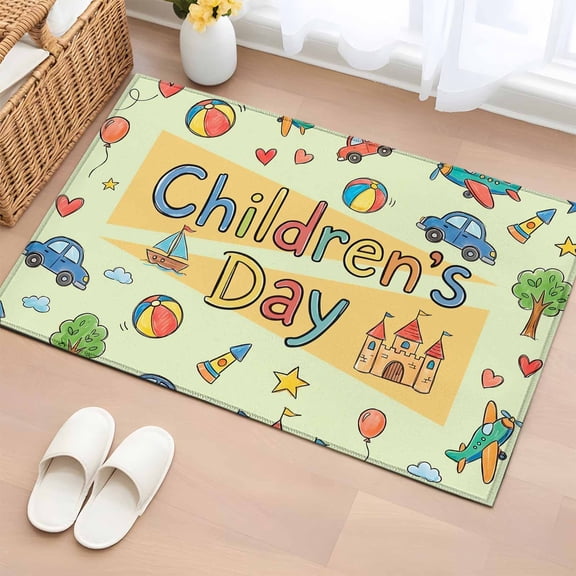 Rectangle Area Rugs 2 x 3 Ft, Happy Children's Day Non-Slip Residential Carpet, Cartoon Castle Childhood Innocence Indoor Crawling Mats Runner Rugs for Living Room/Dining Room/Bedroom
