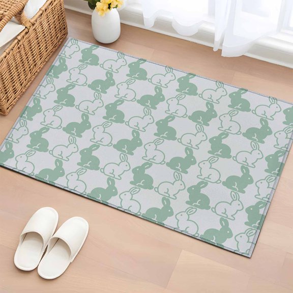 Rectangle Area Rugs 2 x 3 Ft, Happy Easter Bunny Non-Slip Residential Carpet, Gray Green Rabbits Animal Cartoon Indoor Crawling Mats Runner Rugs for Living Room/Dining Room/Bedroom